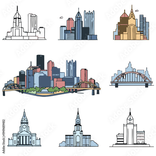 Cityscape Collection of Modern Buildings and Bridges Featuring Diverse Architectural Structures in a Minimalist Flat Design