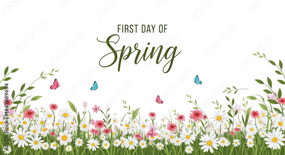 Naklejka premium Illustration of blooming flowers and butterflies on the first day of spring with a springtime concept design.