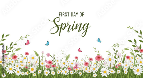 Illustration of blooming flowers and butterflies on the first day of spring with a springtime concept design.