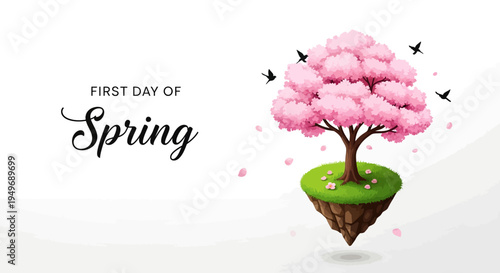 Illustration of a blooming tree on a grassy mound with pink flowers and butterflies, symbolizing the first day of spring season beginning with a springtime concept on a clean white