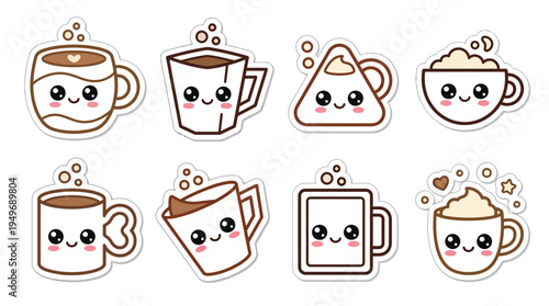 Collection of eight adorable kawaii-style coffee and tea cups with smiling faces, depicted as cute cartoon stickers on a white background.