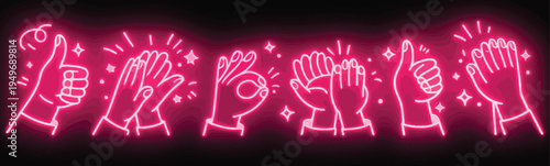 A neon pink illustration of various hand gestures including thumbs up, clapping, and an OK sign, set against a black background.