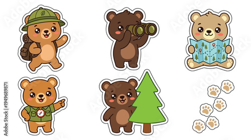 Cute cartoon bears engaged in various outdoor adventure activities like hiking, exploring, navigating, and observing nature, with paw prints.