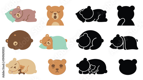 Collection of cute cartoon bear illustrations in various sleeping and waking poses, including full body and head shots, with silhouette versions.