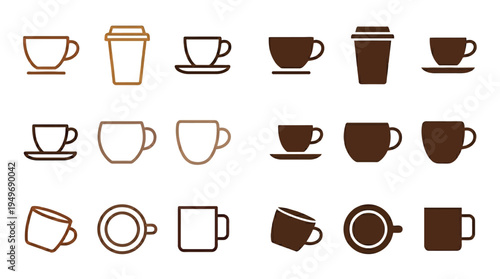 A collection of various coffee cup and mug icons, presented in different styles and perspectives, including to-go cups, ceramic mugs, and saucers.