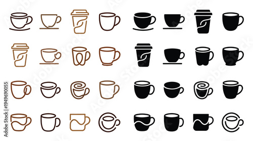 A collection of diverse coffee cup icons in various styles, including line art, solid silhouettes, and takeaway cups, presented in a grid layout.