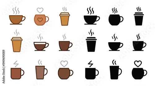 A collection of 20 stylized icons representing various coffee cups and mugs, some with steam and heart motifs, in different colors and designs.