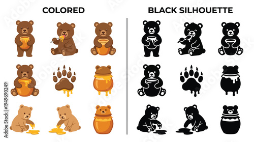 Collection of colored and black silhouette illustrations of bears and honey pots, showcasing different poses and actions.