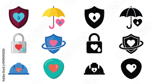 Collection of icons representing protection, security, and care, featuring hearts, shields, locks, umbrellas, and hard hats.