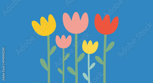 Colorful hand-drawn flowers in vibrant yellow, pink, and red bloom against a clear blue background, a joyful illustration of nature's beauty