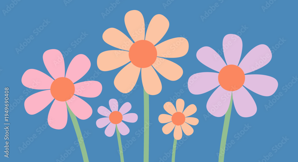 Fototapeta premium Cheerful graphic illustration of stylized flower blossoms in vibrant pastel colors, blooming against a serene blue background, ideal for spring design and creative projects