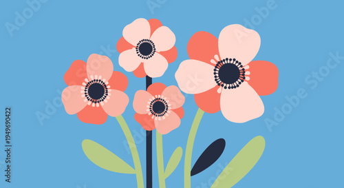 A delightful composition of blooming flowers in a vibrant blue backdrop, showcasing their delicate petals and graceful stems