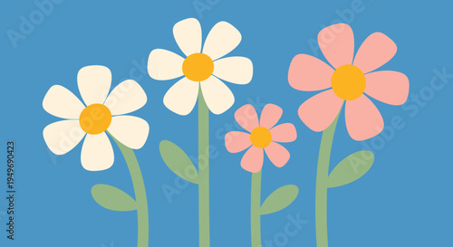 A vibrant illustration of a charming flower bouquet with soft petals and cheerful centers, set against a serene blue backdrop, bringing a touch of nature's beauty to any design