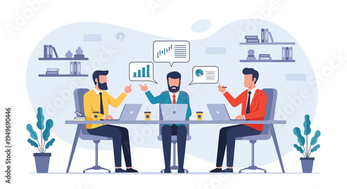 Three professional businessmen in an office meeting are seated at a desk with laptops, discussing various data charts and reports.