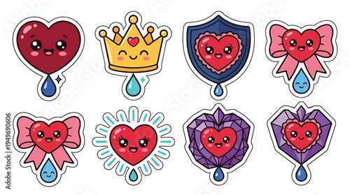 Collection of eight kawaii-style heart-shaped emblems with cute faces and dangling water droplets, featuring crowns, bows, shields, and gem designs.