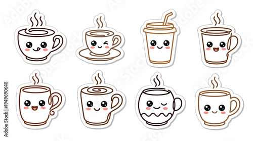 A collection of eight adorable kawaii-style coffee cups and mugs, each with a cute smiling face and steam rising, presented on a white background.