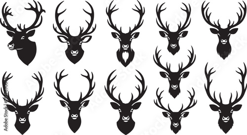 Collection of deer heads with antlers in black silhouette
