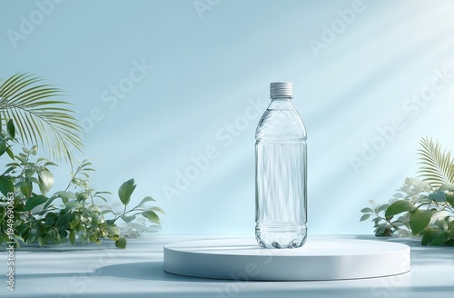 Refreshing Water Bottle on White Pedestal with Botanical Accents, Soft Blue Backdrop.