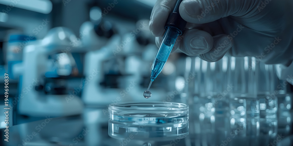 Fototapeta premium Scientific Pipette Dropping Liquid Sample into Petri Dish Laboratory Experiment