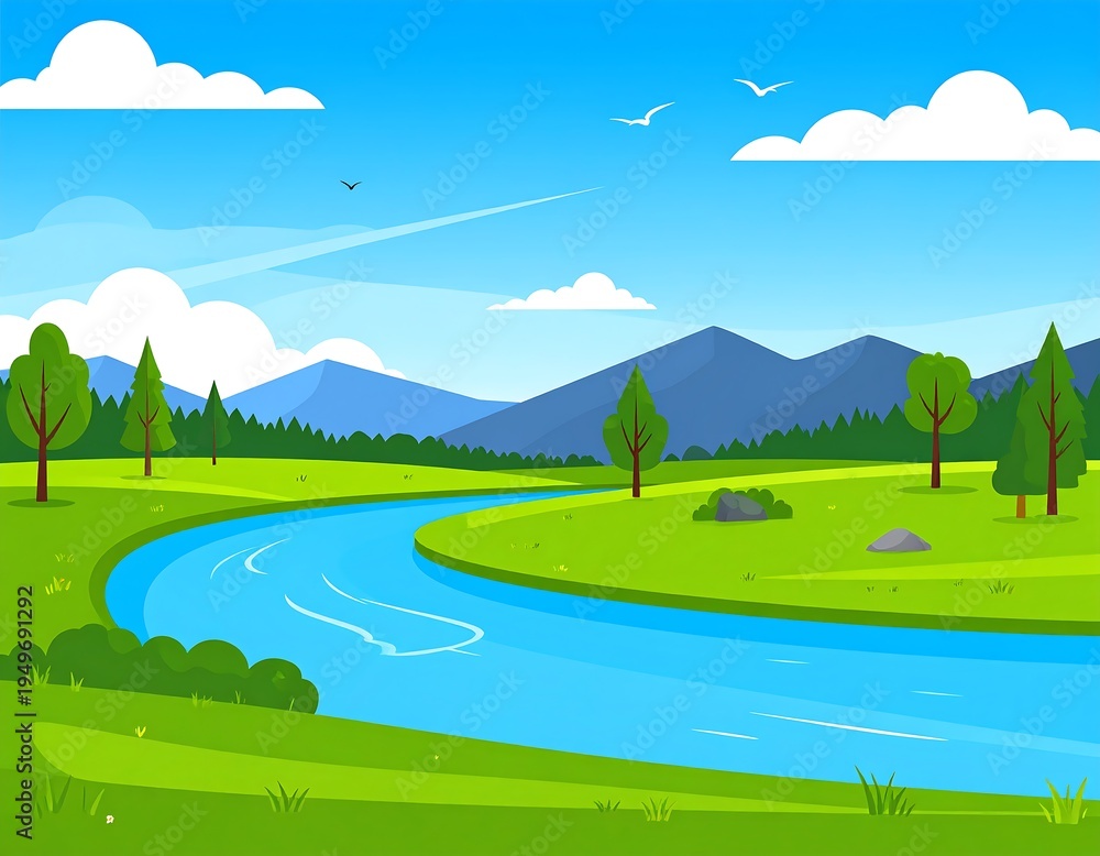 Fototapeta premium Serene Landscape with River and Mountains.