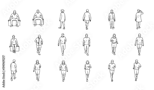 People outline top view icon set with walking sitting and running human figures thin line vector isolated on white background