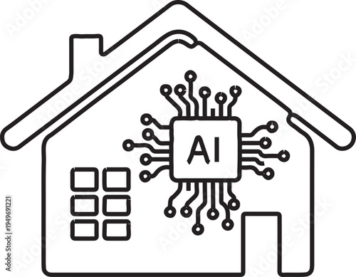 Smart home artificial intelligence icon with AI chip and house outline.