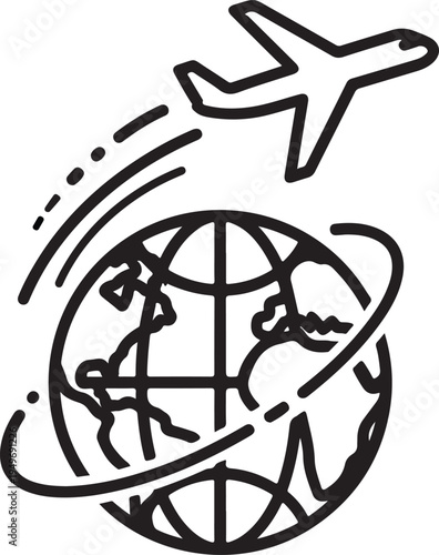 Global travel and aviation icon with airplane flying around the world.
