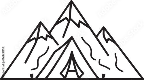 Camping tent and mountain peak icon for nature adventure.