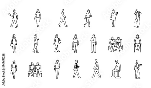 Top view people outline vector set walking running sitting human figures thin line icons for architectural and crowd layout design