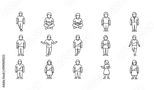 Minimal top view people outline icons vector collection with human activity poses isolated on white background for planning design