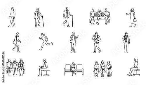 Top view people outline vector set walking running sitting human figures thin line icons for architectural and crowd layout design