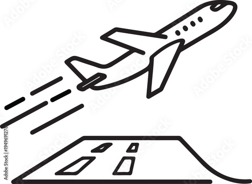Airplane taking off from runway icon for travel and flight.