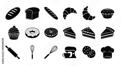 Collection of black and white bakery icons including bread pastries desserts and baking tools on white background