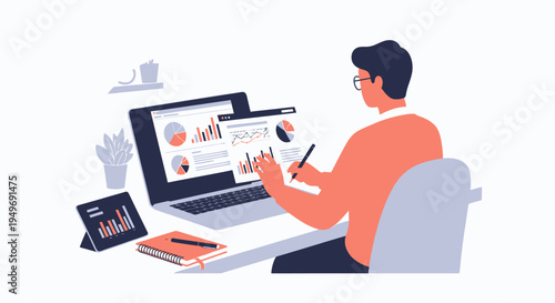 Male analyst sitting at desk analyzing business data on laptop and tablet, showing colorful bar graphs and pie charts, with notebook and pen in a modern office flat vector illustration.