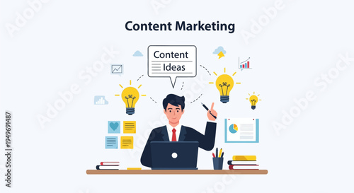 Flat vector illustration of a professional digital marketer brainstorming creative content marketing strategies at a desk with a laptop, lightbulbs, and data charts.