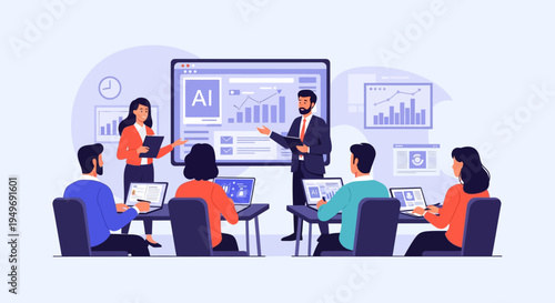 Flat vector illustration of a corporate training seminar where two instructors present artificial intelligence data on a large screen to professional employees using laptops.