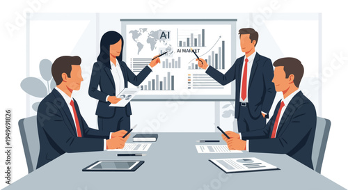 Professional business team in suits discussing artificial intelligence market growth and global data analysis using charts and graphs on a whiteboard in an office setting.