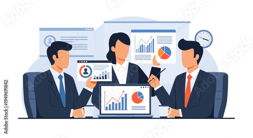 Corporate business team of three professionals in suits analyzing financial data reports and market statistics using laptop and digital charts in a flat vector office setting.