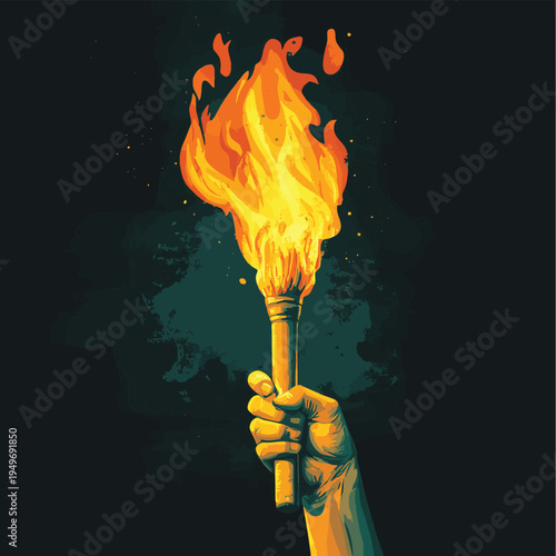 Human hand of leader holding torch stick with burning flame. , vector style simple color