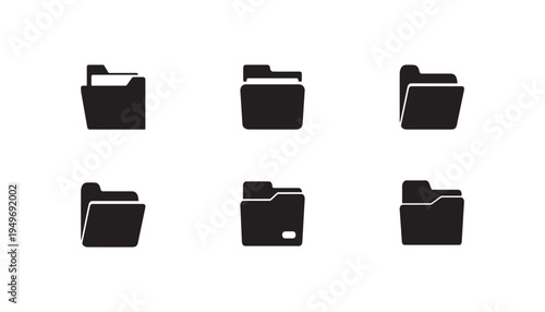 A collection of six dark, stylized digital folder icons are displayed against a clean white background representing organized data storage and digital archives.