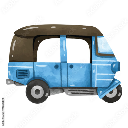 Tuk tuk vector illustration, tuktuk vector, hand drawn watercolor painting style, blue tuk tuk three wheel taxi vehicle vector illustration, side view of blue auto rickshaw traditional asian transport