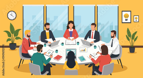 Nine diverse business professionals meet around an oval table in a modern office, actively collaborating with laptops, tablets, and documents.