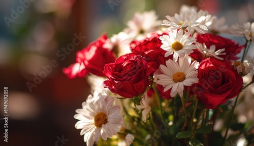 Vivid Bouquet - Crimson Roses and White Daisies in Soft Light.