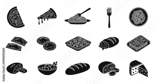 Various black and white food icons including pizza bread cheese and utensils on a white background for culinary themes