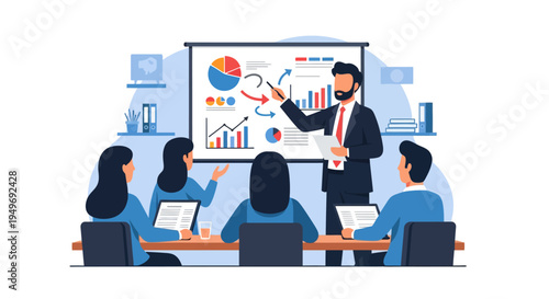 Flat vector illustration of a businessman in a suit presenting data analytics and charts on a large screen to a diverse team sitting at a conference table in an office setting.