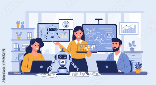 Vector illustration of a professional team in a modern office lab developing artificial intelligence and robotics with data charts, laptop computers and technical diagrams.