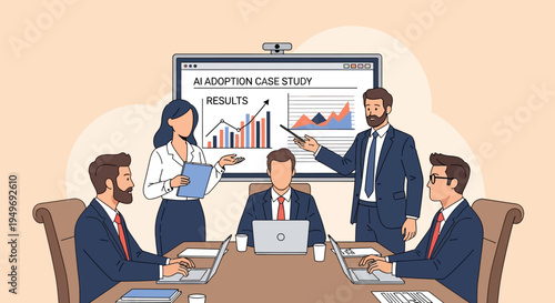 Corporate business team meeting in a boardroom presenting results of an AI adoption case study using digital screen with charts while colleagues use laptops at a table.