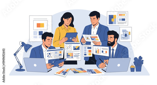 Professional corporate design team evaluating marketing layouts and brand style guides using laptops, digital tablets, and printed color swatches in a collaborative office setting.