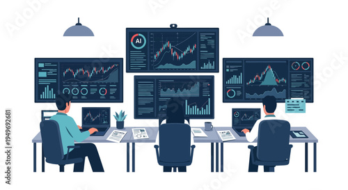 Flat vector illustration of three professional analysts in a data operations center monitoring real-time financial markets, trading graphs, and AI metrics on multiple large digital screens.
