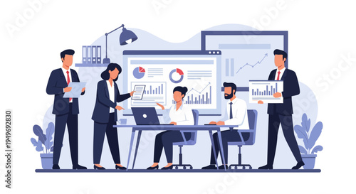Vector illustration of professional business team analyzing financial data, charts, and graphs on digital screens and paper in a collaborative office meeting workspace environment.